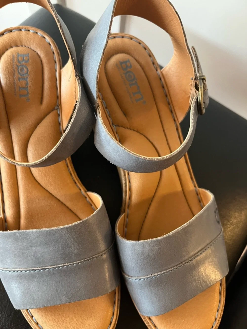 Born Silver Leather Platform Sandals with Wood-Effect Heel - Picture 3 of 9